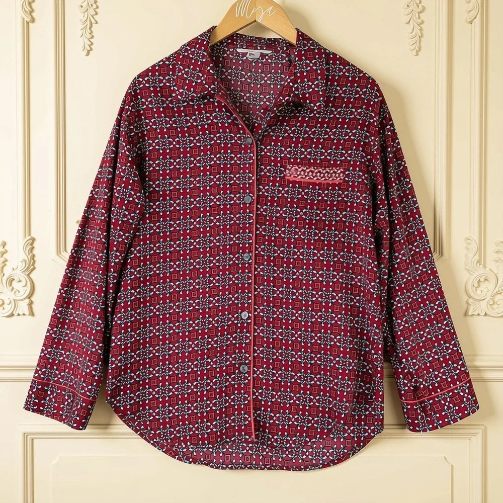 Victoria's Secret Burgundy Medallion Print Pajama Top Long Sleeve Size M